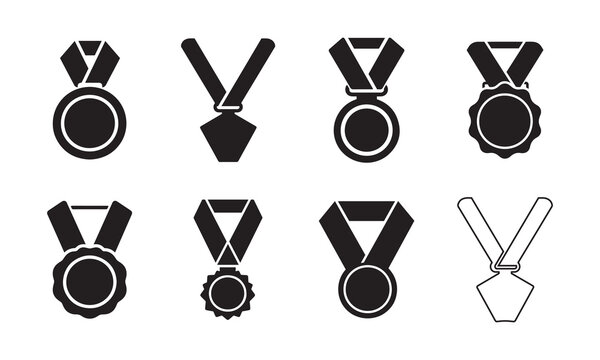 Achievement Medal Vector Icons with V-Shaped Ribbon – Black Silhouettes with White Outline