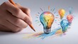 © ART BY SAIFUL - Vibrant photo of creative designer drawing a brainstorm sketch featuring colorful light bulb, startup concept, new ideas, innovation, vibrant design, energy and creativity.