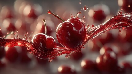 Aufkleber - Juicy Fresh Cherries Splashing Water close-up with Vibrant Red Color and Detailed Textures for Fruit and Food Photography Backgrounds