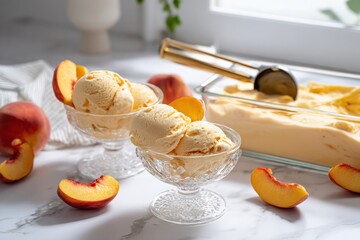 Aufkleber - Fresh homemade peach ice cream in glass bowls with whole peaches and peach slices on a marble countertop in a bright kitchen setting