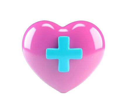Charming pink heart with a blue plus symbol, conveying health and affection, on transparent background