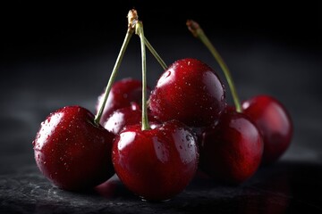 Aufkleber - Close-up of fresh ripe cherries with water droplets on dark background highlighting natural fruit freshness and juicy texture