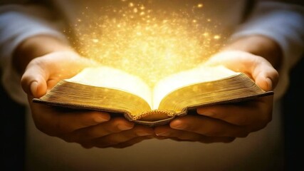 Poster - Illuminated Book with Magical Sparks Emerging from Open Pages Held in Two Hands 4k video footage