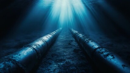 Poster - Underwater View of Long Steel Pipes Surrounded by Soft Blue Light Shining Through the Ocean Surface 4k video footage