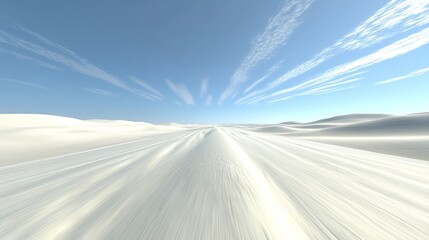 a seemingly endless, white road stretches across a vast, sandy desert under a bright blue sky with w