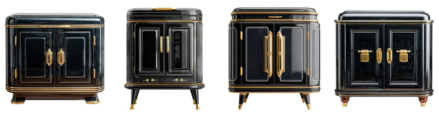 Vintage Black Cabinets with Gold Accents on Transparent Background