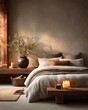 © by.anastasiya - Cozy rustic bedroom interior with natural linen bedding, dried flowers, and candlelight. Warm earthy tones and handcrafted decor create a calming autumn ambiance.