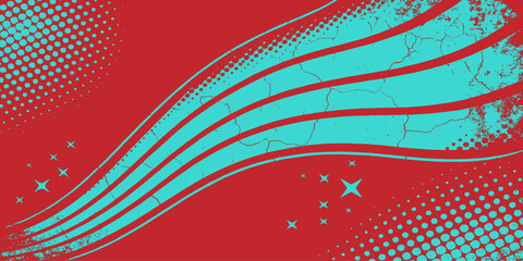 Aufkleber -  red background with teal wavy lines halftone dots and star shapes design element grunge effect.
