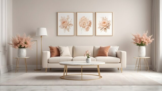 Living room with a sofa and picture frames bathed in warm sunlight- 3D rendering