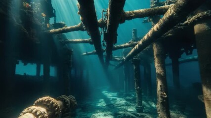 Poster - Underwater Exploration of Rusted Oil Rig Structures Surrounded by Clear Blue Water and Sunlight Beaming Through Open Spaces 4k video footage