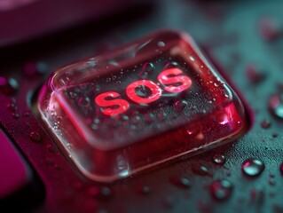 Poster - Close-Up of SOS Emergency Button with Water Droplets on Surface