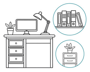 Poster - Monochrome desk setup with computer lamp plant and additional office elements illustration.