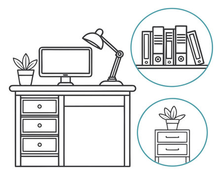 Monochrome desk setup with computer lamp plant and additional office elements illustration.