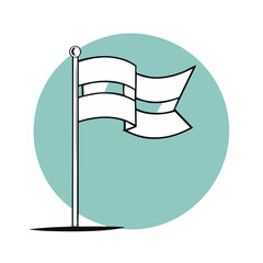 Fototapete - Minimalist illustration featuring white flag, set against soft teal circle, on a pole; simple rendering with crisp black line accents