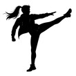 © dtfashion7 - Dynamic Female Kick Silhouette - Martial Arts Action Vector, Strong Woman Kicking Pose - Fitness and Self-Defense Illustration, Isolated Black Silhouette of a Kicking Girl - Sport and Power Graphic.