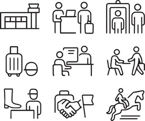 Fototapete - Airport Services Vector Icon Set  Adjustable Line Weight  Terminal, check-in, security check, luggage, passport control, boarding, customs, baggage claim, flight information line art vector 