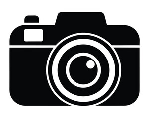 Fototapete - Sleek and modern black and white silhouette of a digital camera icon with lens detail.