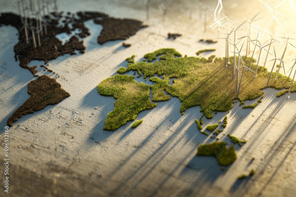 Foto de Stock Artistic vision: a split world map of energy sources and ...