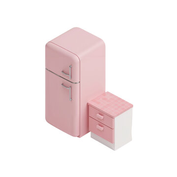 Minimalist isometric rendering of a blush colored fridge and a matching cabinet element