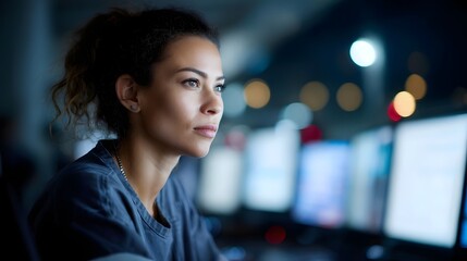 Poster - Female engineer monitoring refinery dashboard in control room