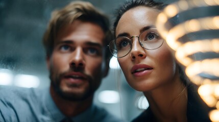 Poster - Two coworkers reviewing a marketing strategy diagram  long title Two focused professionals closely examining a detailed digital marketing strategy
