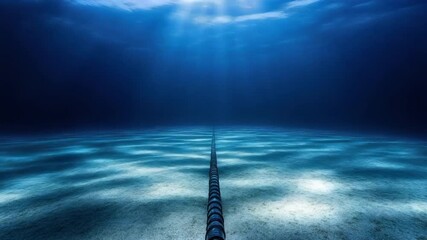Poster - Underwater Scene with Sunlight Streaming Through Deep Ocean Water and a Long Rope Leading Towards the Surface 4k video footage