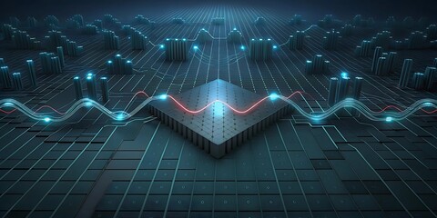 Fototapete - A futuristic cityscape of glowing circuits and data streams converges on a central processor chip.