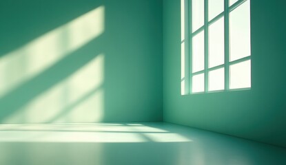 Poster - Sunlight streams through large windows casting geometric shadows on the minimalist, empty mint-green room with clean lines and a calm atmosphere.