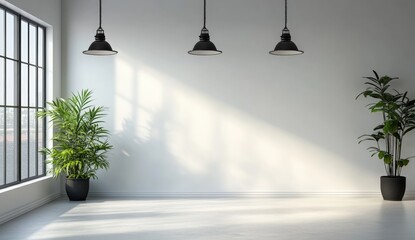 Poster - Minimalist room with large windows, two potted plants, hanging black lamps, and soft natural light casting shadows on the light grey wall and floor.
