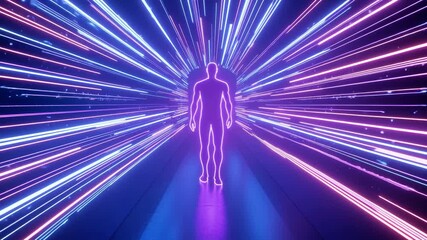 Poster - Futuristic Neon Light Trails Vibrant Silhouette of Person in Glowing Scene