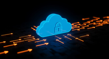 Poster - Cloud Security: A striking image of a luminous blue cloud with a lock symbol, radiating the concept of secure data storage. The cloud is accompanied by digital arrows.