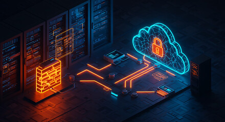 Poster - Digital Fortress: An illustrative portrayal of advanced cybersecurity, with a digital cloud emblem overlaid with a padlock, interconnected with circuit boards and server racks.