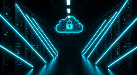 Poster - cloud security and data center: a digital rendering showcases the intersection of a secure cloud sym