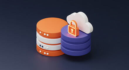 Poster - Secured Cloud Data: A conceptual illustration showcases a secure data server with a padlock symbol, a stylized cloud symbolizing cloud storage, and data servers representing network infrastructure.