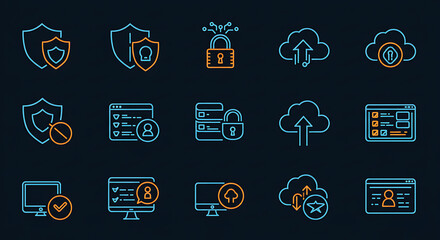 Poster - Cybersecurity Icons: A comprehensive collection of sharp cybersecurity icons, featuring shields, padlocks, cloud storage, and user interfaces, symbolizing protection, privacy.