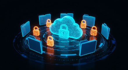 Poster - Cybersecurity Cloud: A futuristic depiction of a cloud-shaped data storage system, ringed by glowing padlocks and file folders, symbolizing data protection and digital security.