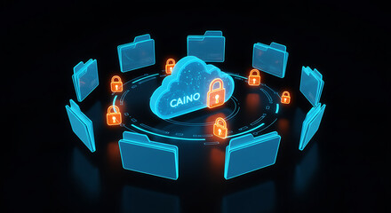 Poster - Data Security: A striking 3D rendering depicts a cloud with a prominent lock, symbolizing digital safety, surrounded by numerous folders and more locks.
