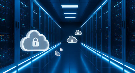 Poster - Cloud Data Fortress: A futuristic data center corridor showcases a secure digital landscape, with luminous cloud icons, symbolizing robust protection of information. 