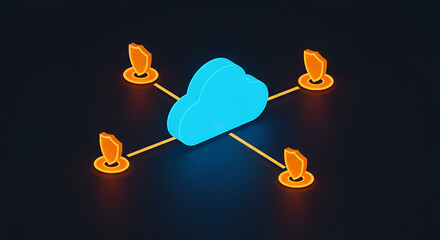 Poster - Cloud computing connection: Visual depiction of interconnected servers linked to a central cloud, symbolizing the modern reliance on cloud technology for data and services.