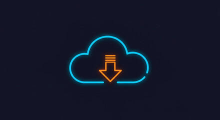 Poster - Cloud Downloading Icon: A vibrant neon-style icon of a cloud with a downward arrow, symbolizing the process of downloading data or information from a cloud-based server.