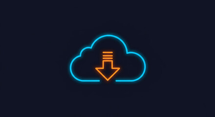 Poster - Cloud Download: A digital cloud icon with a downward arrow, representing data download and connectivity against a dark backdrop, perfect for tech-related imagery.