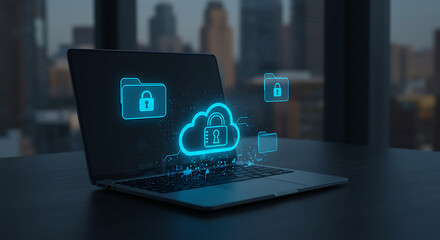 Poster - Data Security and cloud computing: A laptop displaying illuminated data protection, with files and cloud symbol security, against the backdrop of a modern cityscape.
