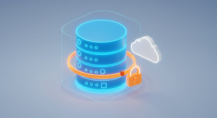 Poster - Secured Data Server Illustration: A visually striking, isometric illustration showcases a data server, encapsulated by a protective lock, with cloud storage symbolism, representing digital security.