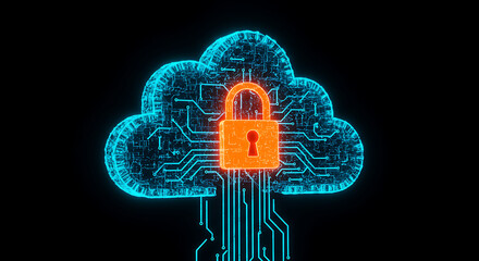 Poster - Digital Cloud Security: An illustrative image of a cloud with a padlock at its center, symbolizes the protection of sensitive data within a digital environment.