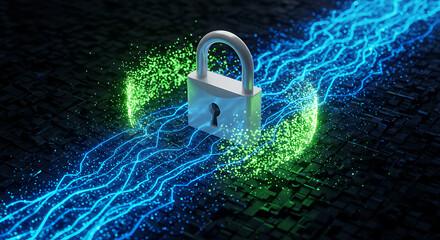 Poster - Cybersecurity Fortress: A shining padlock stands guard, encased by streams of electric energy, against the backdrop of a digital landscape, symbolizing data protection and cyber defense.