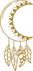 Poster - Stylized crescent moon glowing in golden hues, adorned with decorative feathers, evokes a mystical and bohemian atmosphere, inviting a sense of magic and tranquility
