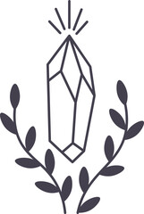 Poster - Minimalist vector illustration representing a faceted crystal shining with light rays surrounded by two branches with leaves, concept of purity, nature and magic