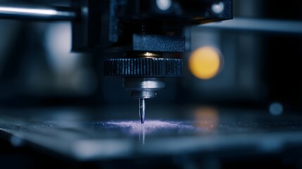 Poster - A 3D printer creating a prototype part in a maker lab  long title A close up view of a 3D printer nozzle in a dimly lit industrial style maker