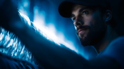 Poster - Technician installing fiber optic cables with intense telecom lighting