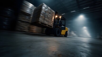 Poster - Forklift transporting stacked boxes in a dimly lit warehouse